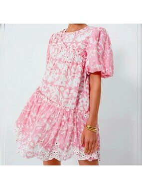 NEW Ash & Eden - S Milena Pink White A-Line Mini Eyelet Swiss Dot Cotton Dress
